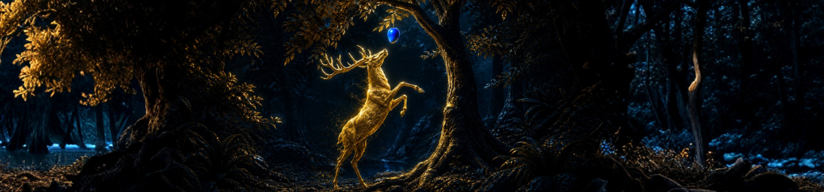 Golden stag glowing in a dark forest, symbolizing the copyright infringement dispute over Golden Stag and The House of Blue Mangoes.