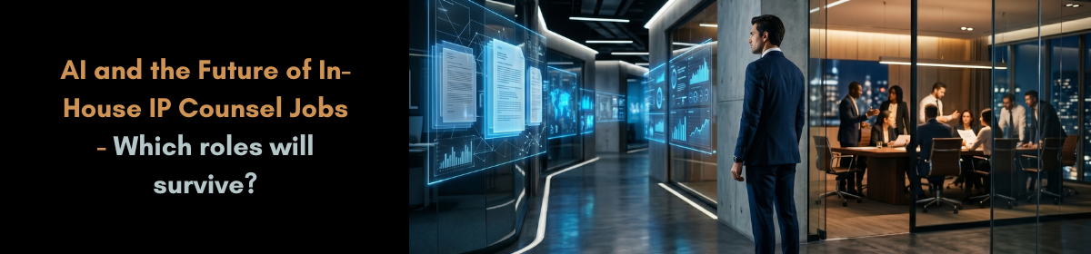 In-house IP counsel in India facing a crossroads between AI-automated routine work and strategic business decision-making, illustrated as a professional at a fork in a corporate corridor.
