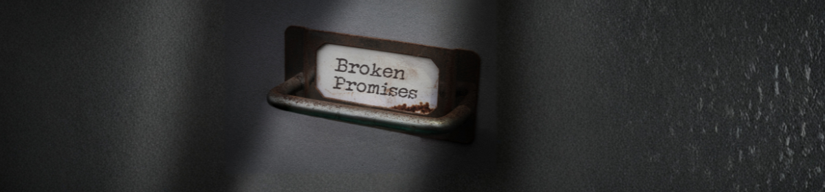A rusted file drawer label reading "Broken Promises" - representing the Controller of Patents' unfulfilled Section 14 hearing assurance in a pre-grant opposition case decided by the Bombay High Court.