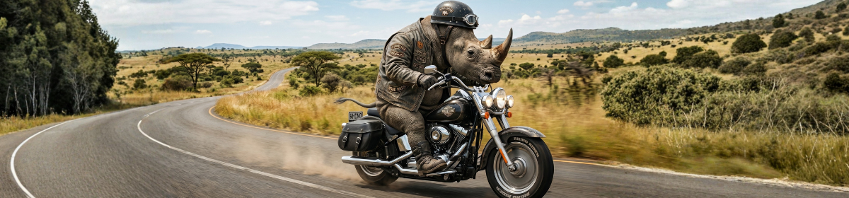 Rhinoceros in a motorcycle helmet riding a cruiser bike, illustrating the RYNOX vs RHYNOX trademark passing off case before the Bombay High Court