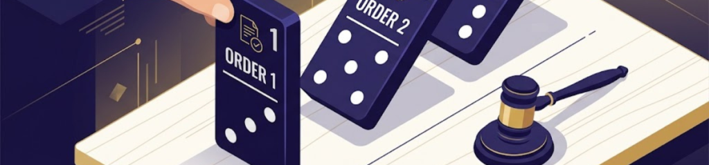 Illustrated legal and procedural concept showing two domino-like panels labeled “Order 1” and “Order 2” standing on a desk, with a judge’s gavel placed beside them. A hand is positioning the first order, symbolizing how an earlier judicial or administrative decision can influence subsequent proceedings and outcomes. Blue-toned professional legal graphic with a clean, modern style.