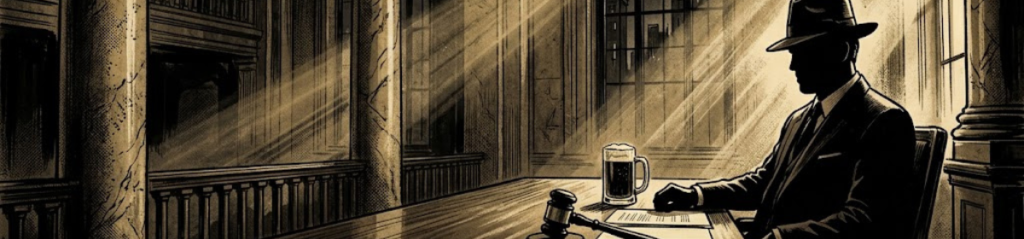 An editorial graphic novel-style illustration in sepia tones, depicting a Godfather-style male figure as a dark, faceless silhouette. The man, wearing a fedora and a dark suit, sits at a long mahogany desk in a grand high court chamber. He is flanked by large marble columns and arched windows. Dramatic, diagonal light beams cut through the deep shadows, illuminating a wooden legal gavel and a large glass beer mug placed directly before him on the desk. No text or facial details are visible. The sophisticated ink-wash texture and cross-hatching define the moody atmosphere.