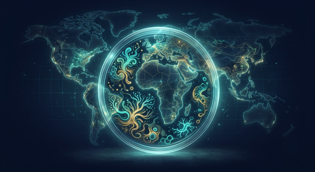 A glowing petri dish of abstract micro-organisms dissolving into the faint outline of a world map, visualising biological material without a traceable geographic source, the crux of the court's biopiracy concern.