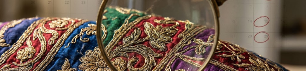 Magnifying glass inspecting embroidered fabric design against a calendar with dates circled, representing the prior publication timeline central to the Section 22(4) Designs Act dispute over the Meesho listing.