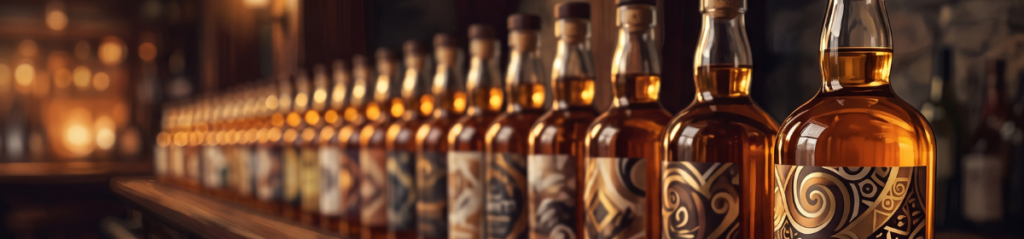 A stylised illustration of a long row of whisky bottles fading into the distance, each with a slightly different label reading variations of the word “Choice,” with one bottle at the front standing out in sharp focus, representing the brand’s decades-long fight against a string of imitators.