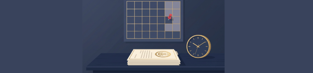 A stylised wall calendar showing a weekend gap between two working days, with a patent document sitting just beyond the ticking hand of a clock. Communicates the razor-thin timing dispute at the heart of the case.