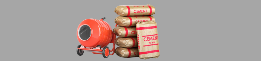 Orange cement mixer machine beside stacked cement bags, illustrating the Sulzer Mixpac static mixer patent dispute over inventive step under Section 2(1)(ja) of the Patents Act.