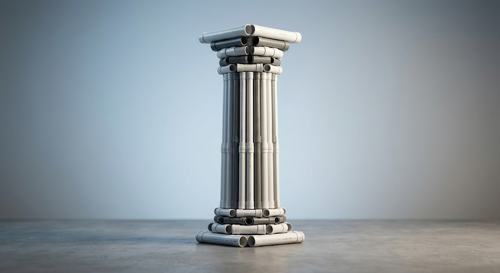 : A conceptual image of stacked PVC pipes forming the shape of a courthouse column, symbolising how an everyday industrial product became the subject of high-value trademark litigation.