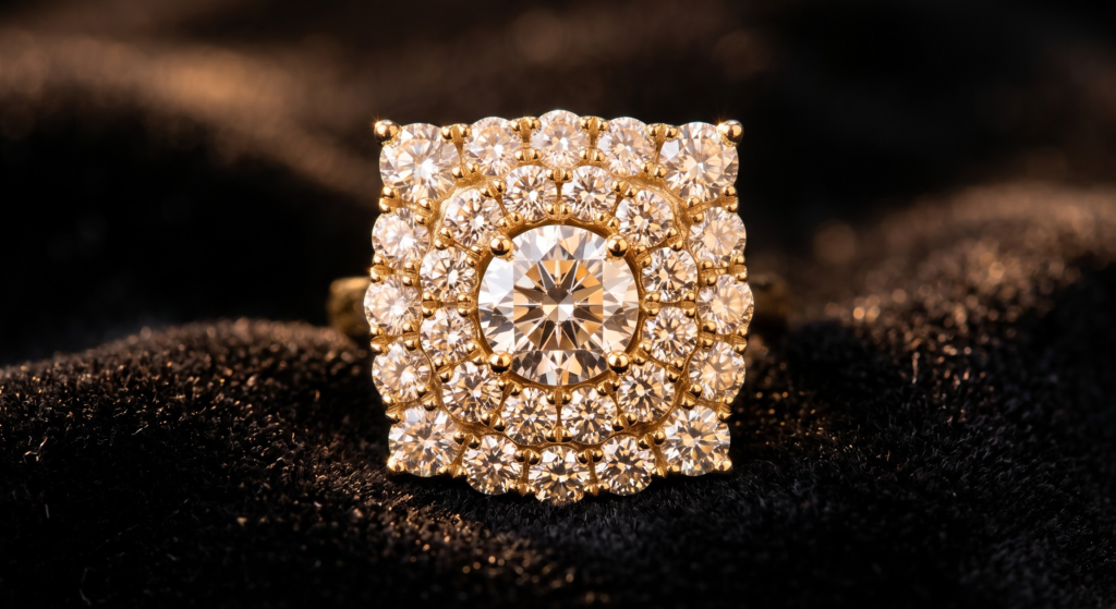 Small faceted gemstones arranged in a circular cluster around a central stone, forming the illusion of one large gem.