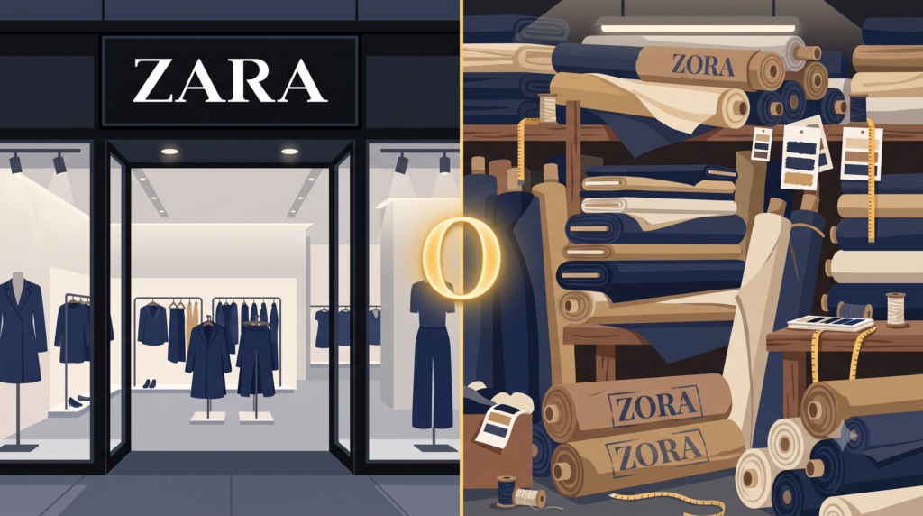 A split illustration divided by a vertical line down the center. The left side depicts the modern exterior of a Zara clothing store. A large, black sign above the glass entrance reads "ZARA" in white, all-caps text. Through the glass doors, racks of minimalist dark clothing are visible in a clean, well-lit interior. The right side shows a cluttered fabric warehouse or workshop with shelves. It is densely packed with rolls of navy blue and tan fabric bolts. Several fabric bolts are clearly labeled "ZORA" in dark, all-caps text. On the dividing line in the center, there is a prominent, glowing, gold capital letter 'O'. The overall style is a clean vector illustration.