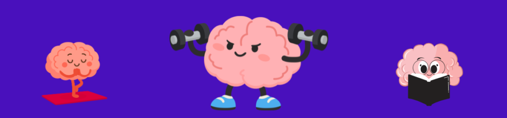 Three cartoon brains - one doing yoga, one lifting weights, one reading — symbolising purely mental acts and exercises of the human mind, the category of 'invention' excluded from patentability under Section 3(m) at issue in the T-Mobile patent ruling.