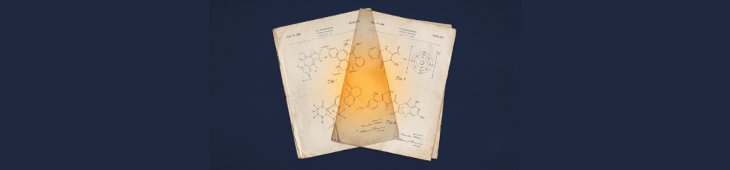 A visual metaphor of two overlapping transparent document pages, representing prior art D5 and D7, with molecular diagrams bleeding through, illustrating how the court combined two separate references to find the invention obvious.