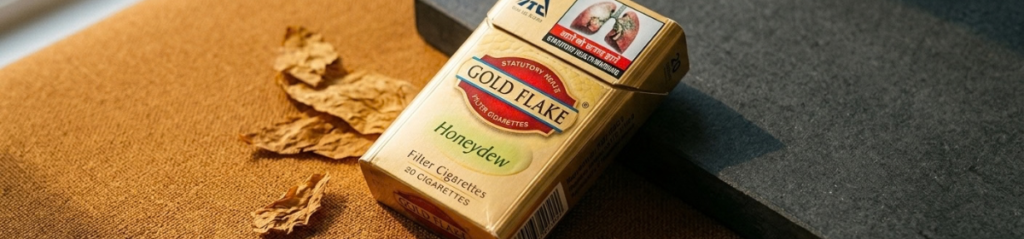 Illustration of a cigarette pack’s narrow brand space, evoking the Gold Flake trademark infringement dispute over pack design.