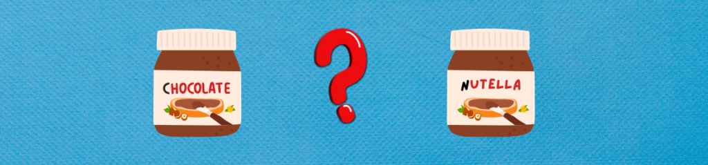 Illustration showing two chocolate spread jars against a blue background. The left jar is labelled “Chocolate,” the right jar is labelled “Nutella,” and a large red question mark between them suggests a comparison involving possible infringement.
