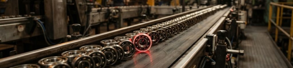 Conveyor belt of bearings with one flagged, symbolising counterfeit goods in the SKF trademark infringement case.