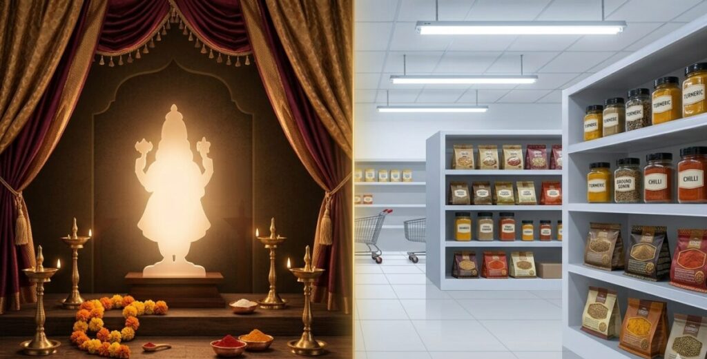Annapurna trademark case: temple lamps beside supermarket spice and snack shelves.