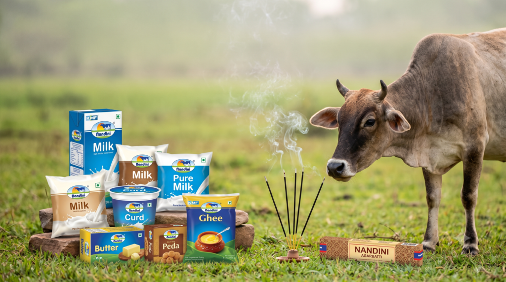 Featured image showing a pile of Nandini products on one side and an incense brand with the same name. A cow is curiously looking at the burning incense sticks.
