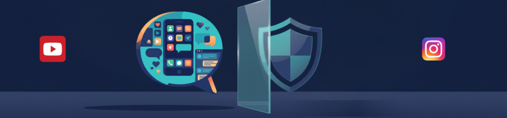 A large social media speech bubble floats beside a faint insurer logo outline, with a clear glass pane between them. It conveys that talking about a brand is different from using it as a mark.