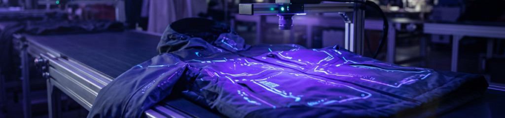 A technical jacket on a factory line glows with hidden markers under spectral light while a sensor arm reads them. It captures the core of the invention: tracing garments through invisible markers.