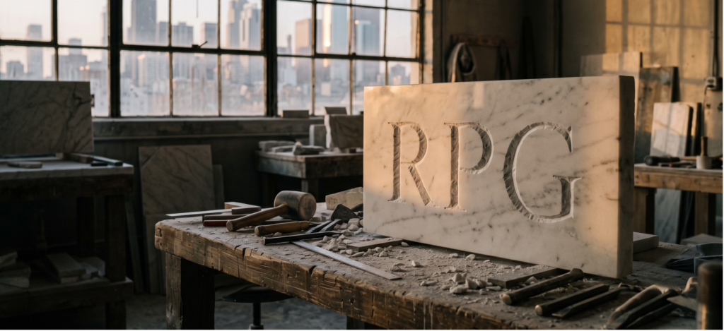 Marble slab carved with three letters in a stone workshop, illustrating the RPG Marble trademark dispute