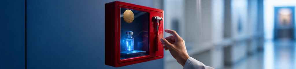 A red emergency glass case on a hospital wall holds a single glowing medicine vial, with a small patent seal on the glass. It conveys the idea that government use is a lawful emergency route to a protected medicine.