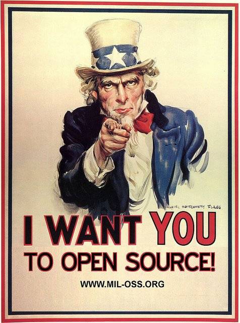 The image depicts a man pointing with the words 'I want you to open source' written at the bottom as the post is about open source software