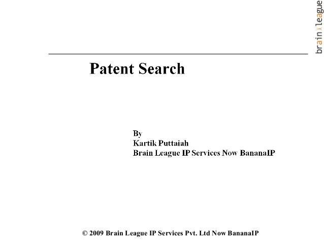 The image depicts the cover of the presentation with title of Patent Search Presentation by Kartik Puttaiah