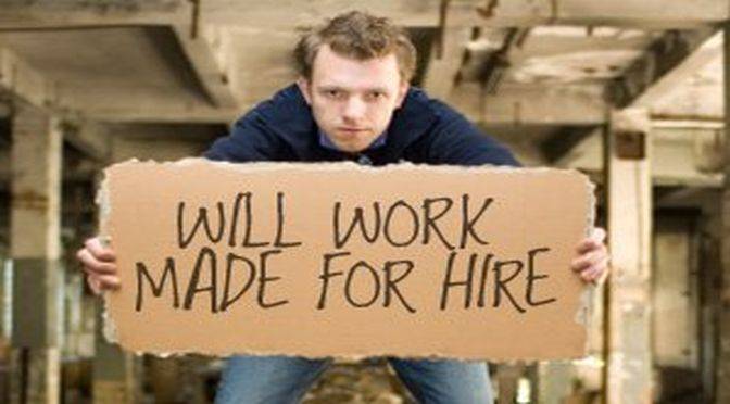 The image shows a man holding a placard reading "Will work. Made for Hire". The post is about works for hire. Click on image to view post.