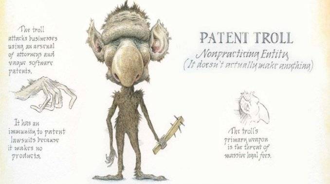 This image depicts a Monkey standing with a stick and trying to describe what Patent Troll is with the basic definitions written in the Background. This image is relevant as USPTO has granted a Patent for a method of Patent Trolling. Click on the image for more information