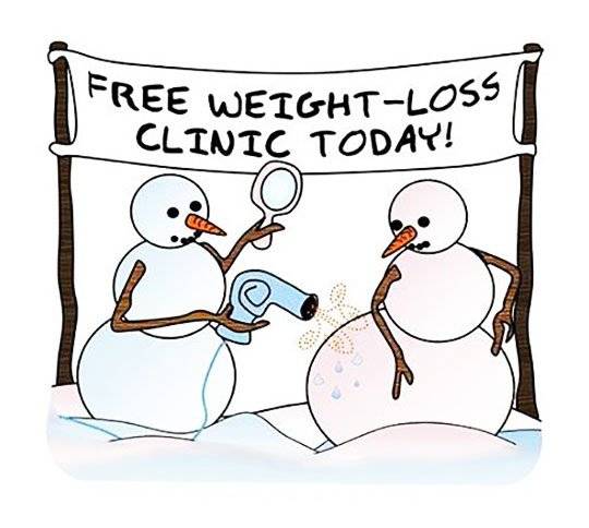 THhe image is of one snowman using a hair dryer to melt the other snowman. In the background the banner reads Free weight-Loss clinic today. The post is about weight loss patents. To read more click here.