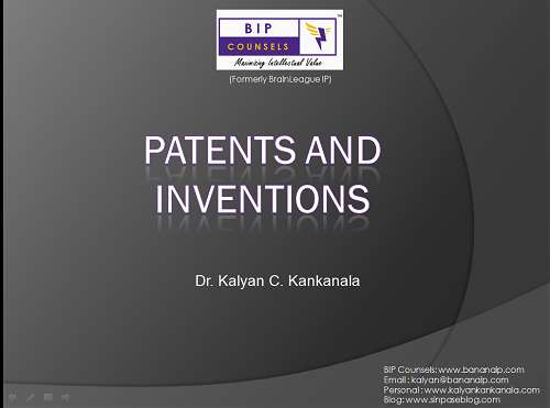 The featured image shows the first slide of the presentation titled 'Patents and Inventions'. The post is about a lecture delivered by Dr. Kalyan C. Kankanala at NIE, Mysore. To know more, please click here.