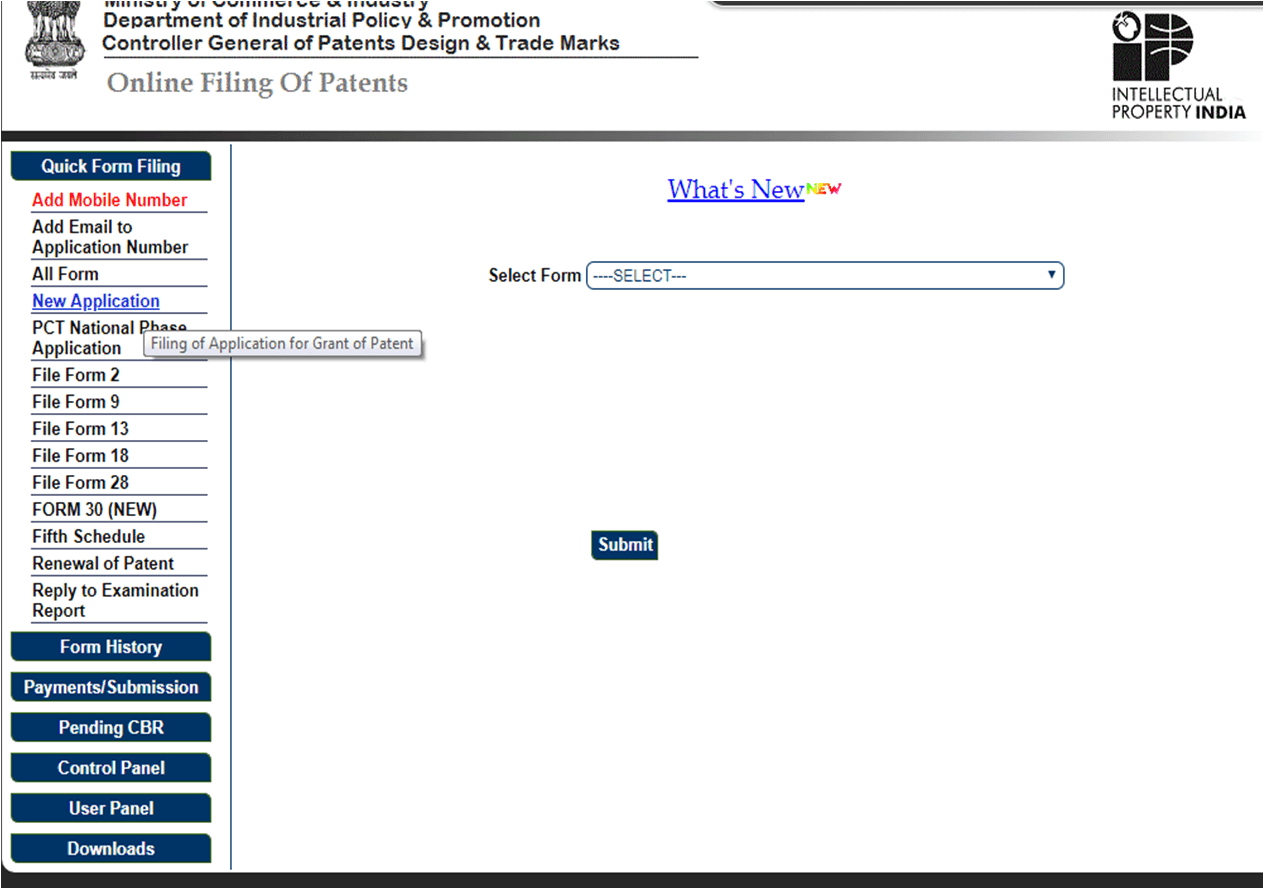 This image shows the portal page as it is displayed when an applicant / agent logs in to the filing portal.