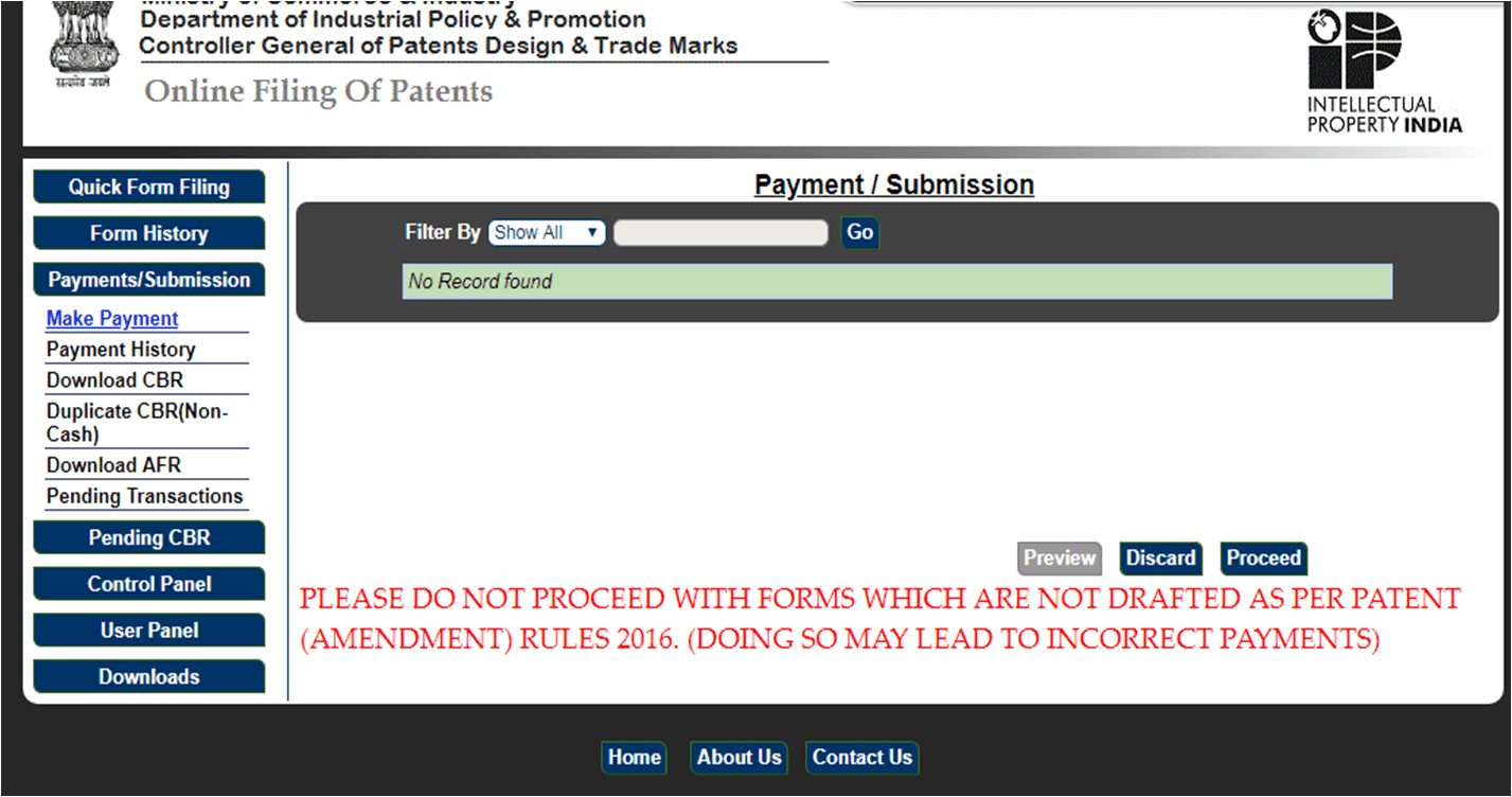 This image shows the payment page on the patent e-filing portal