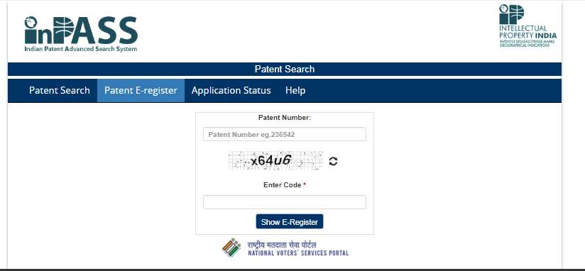 Patent E-register page