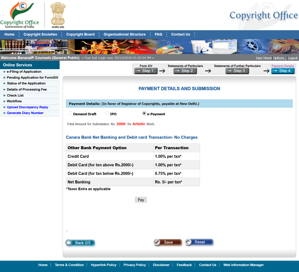 Screenshot of payment page for the registration of cover image of Dr. Kalyan's book FunIP