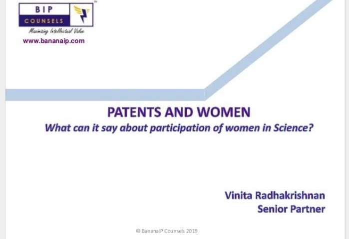 The featured image is a clipping of the cover slide of the presentation titled "Patents and Women". To read more click here.