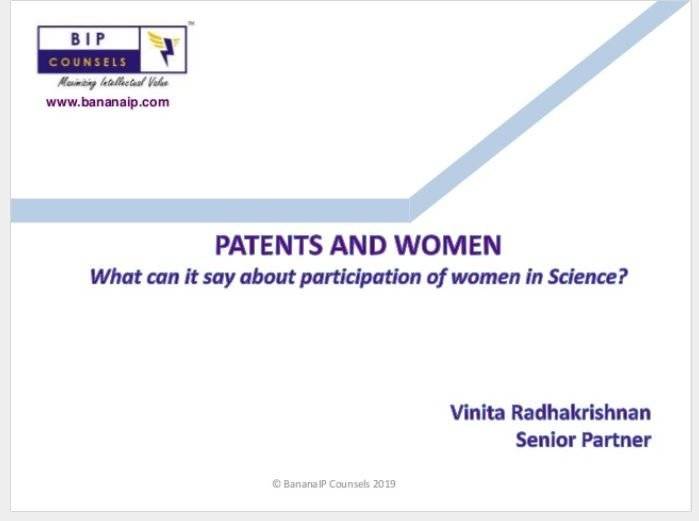 The featured image is a clipping of the cover slide of the presentation titled "Patents and Women". To read more click here.