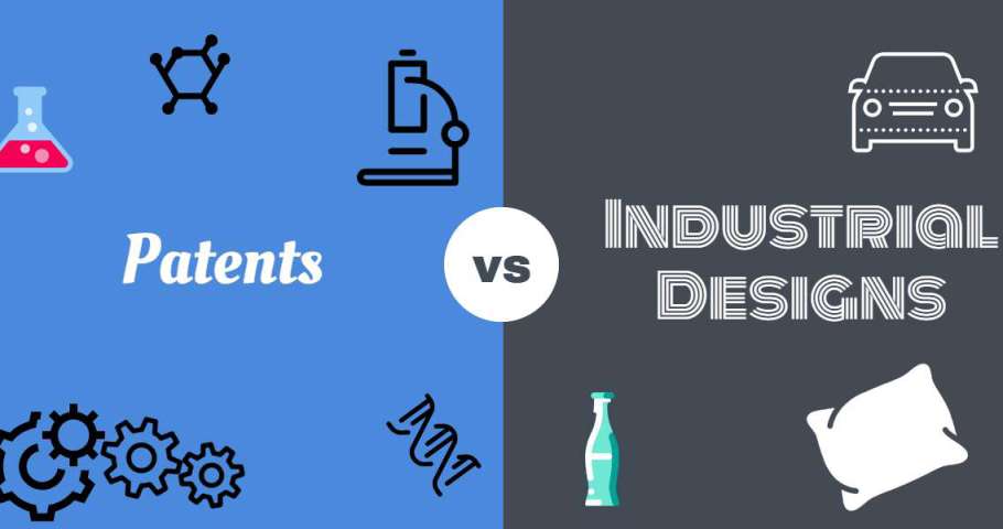 The featured image reads patents versus industrial designs.