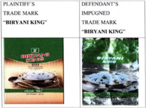 This image consists of the trade dress of Plaintiff's and Defendant's products, both with the mark "BIRYANI KING". The trade dress of the Plaintiff consists of a green and yellow background with a plate of rice. The Defendant's trade dress also consists of a green background with a plate of rice in it. 
